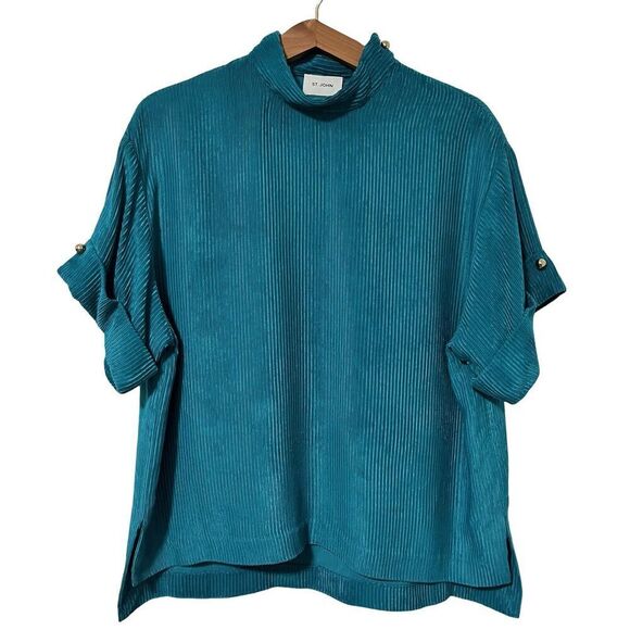St John Fluid Velvet Short Sleeve Mock Neck Top Size L Balboa Blue Luxury EUC - Picture 1 of 10